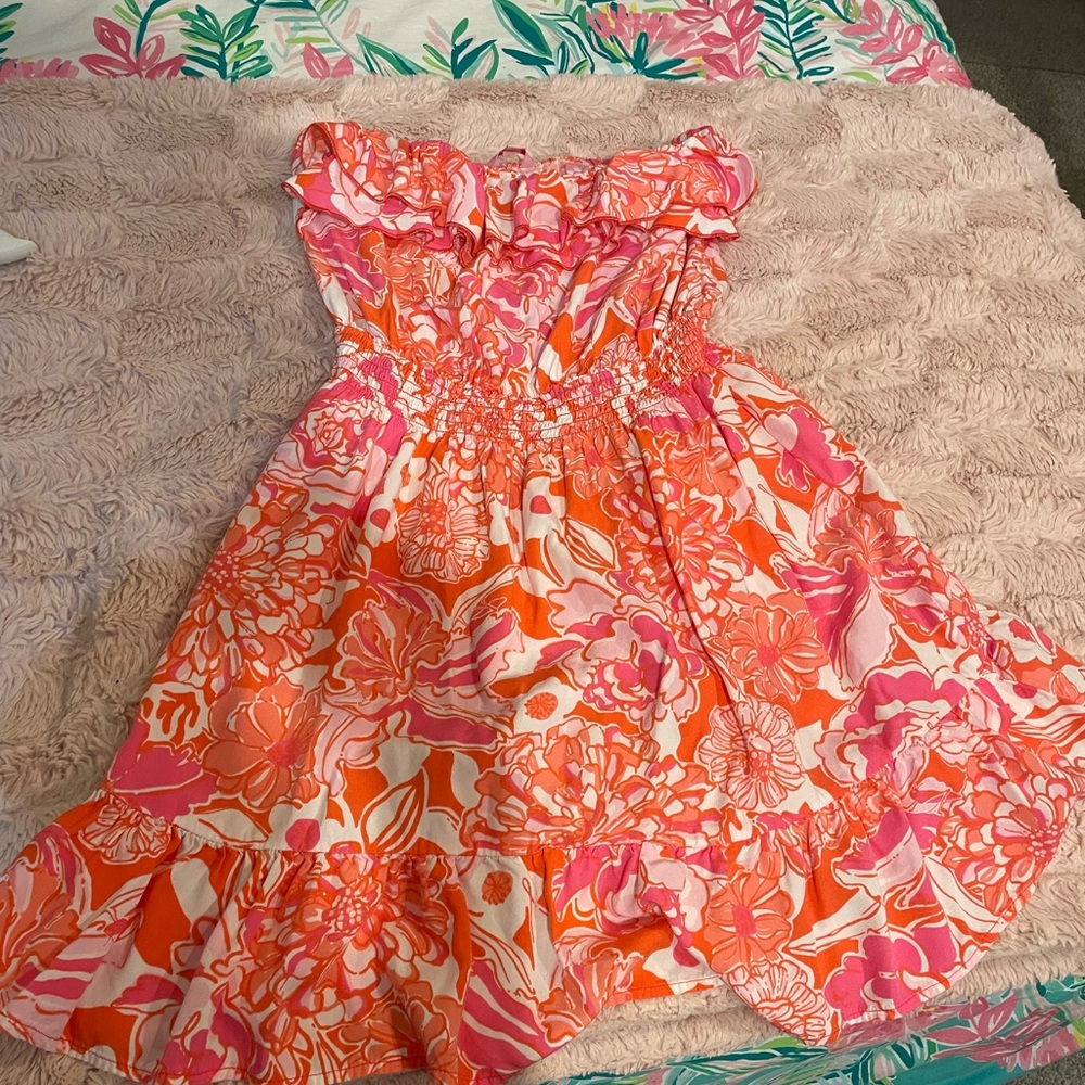 Lilly Pulitzer Floral Pink and Orange strapless  Dress size large